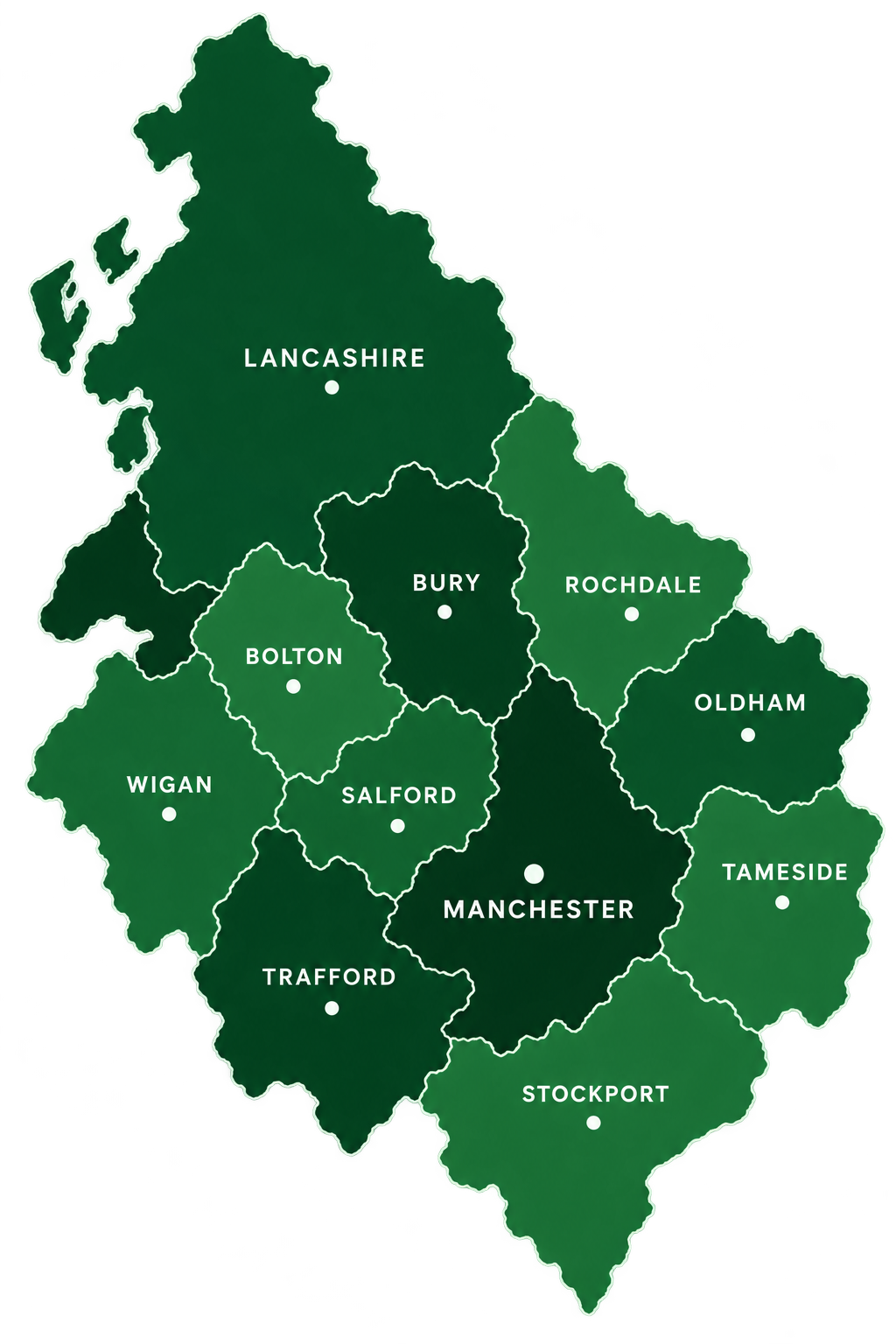 Map of the HAWKS Lettings coverage area across Greater Manchester boroughs